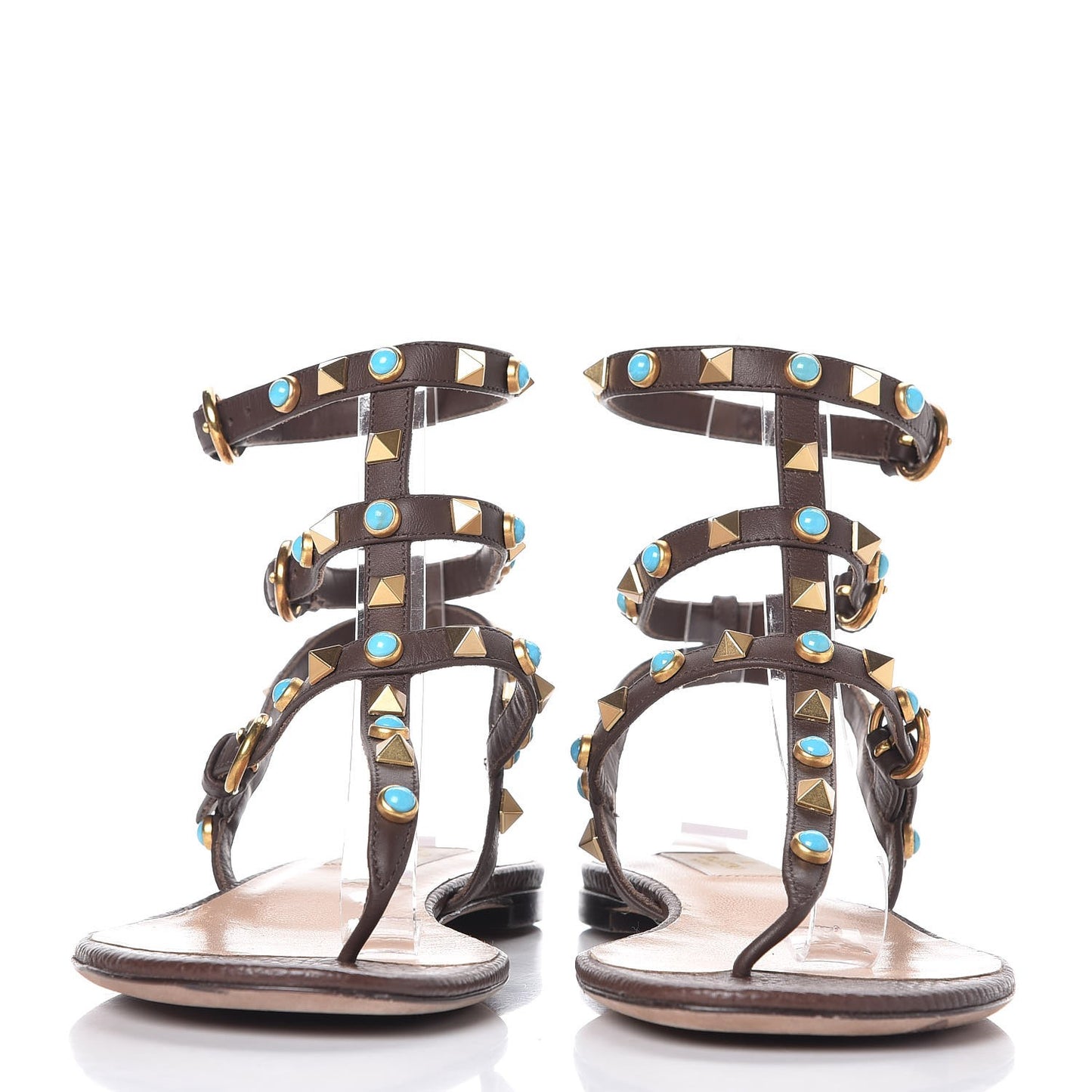 Calfskin Rockstud Rolling Ankle Wrap Flat Thong Sandals 37 Cacao