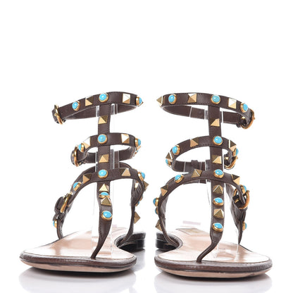 Valentino Garavani Calfskin Rockstud Rolling Ankle Wrap Flat Thong Sandals 37 Cacao 2 of 8