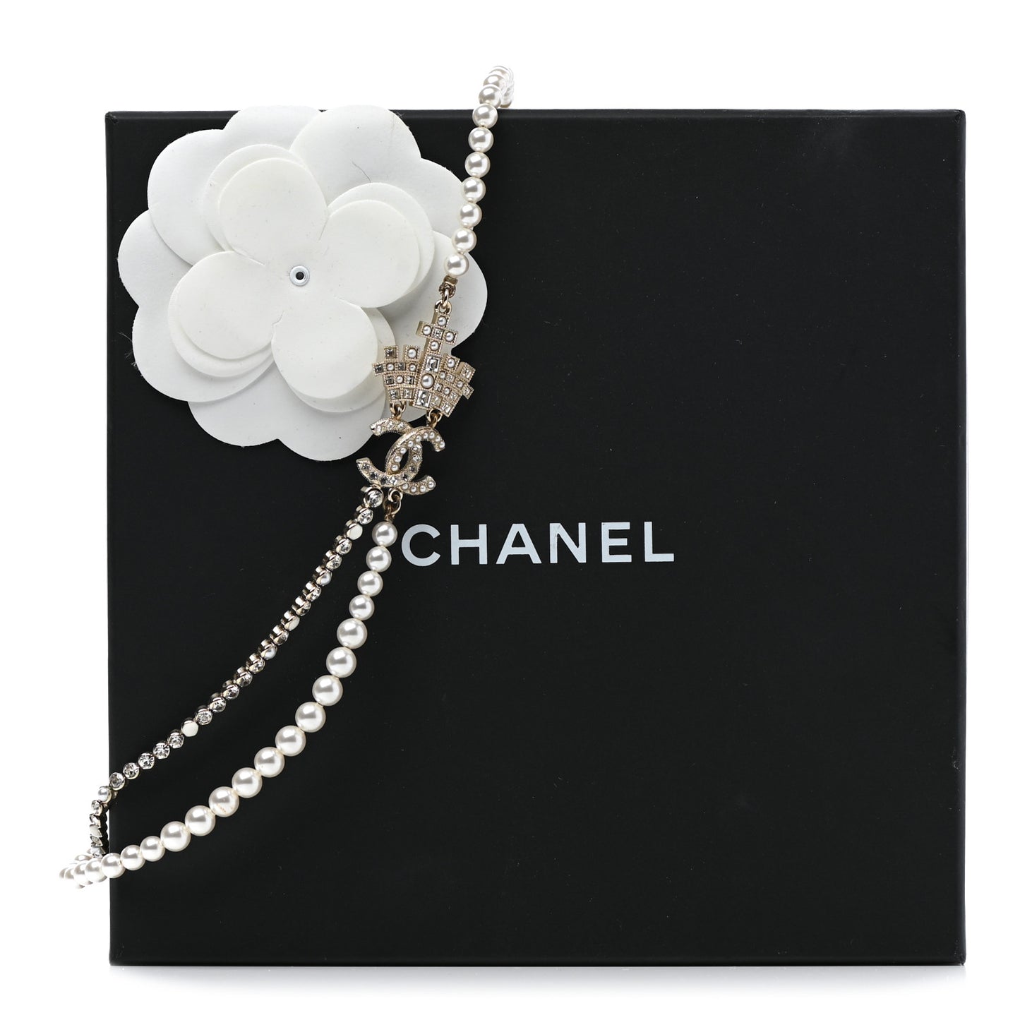 Pearl Crystal CC Crown Multi Strand Necklace Gold