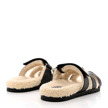 Hermes Calfskin Woolskin Womens Chypre Sandals 40 Black Ecru 4 of 11