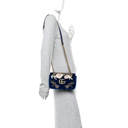 Gucci Velvet Matelasse Embroidered Mini GG Marmont Shoulder Bag Cobalt Blue 2 of 10