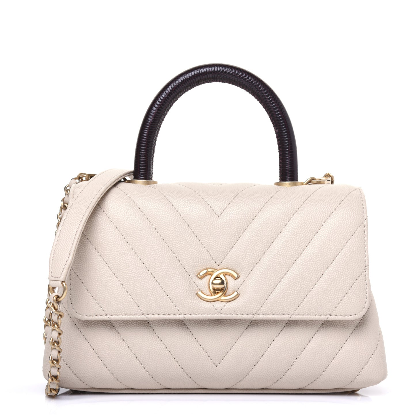 Caviar Lizard Chevron Quilted Mini Coco Handle Flap Ivory