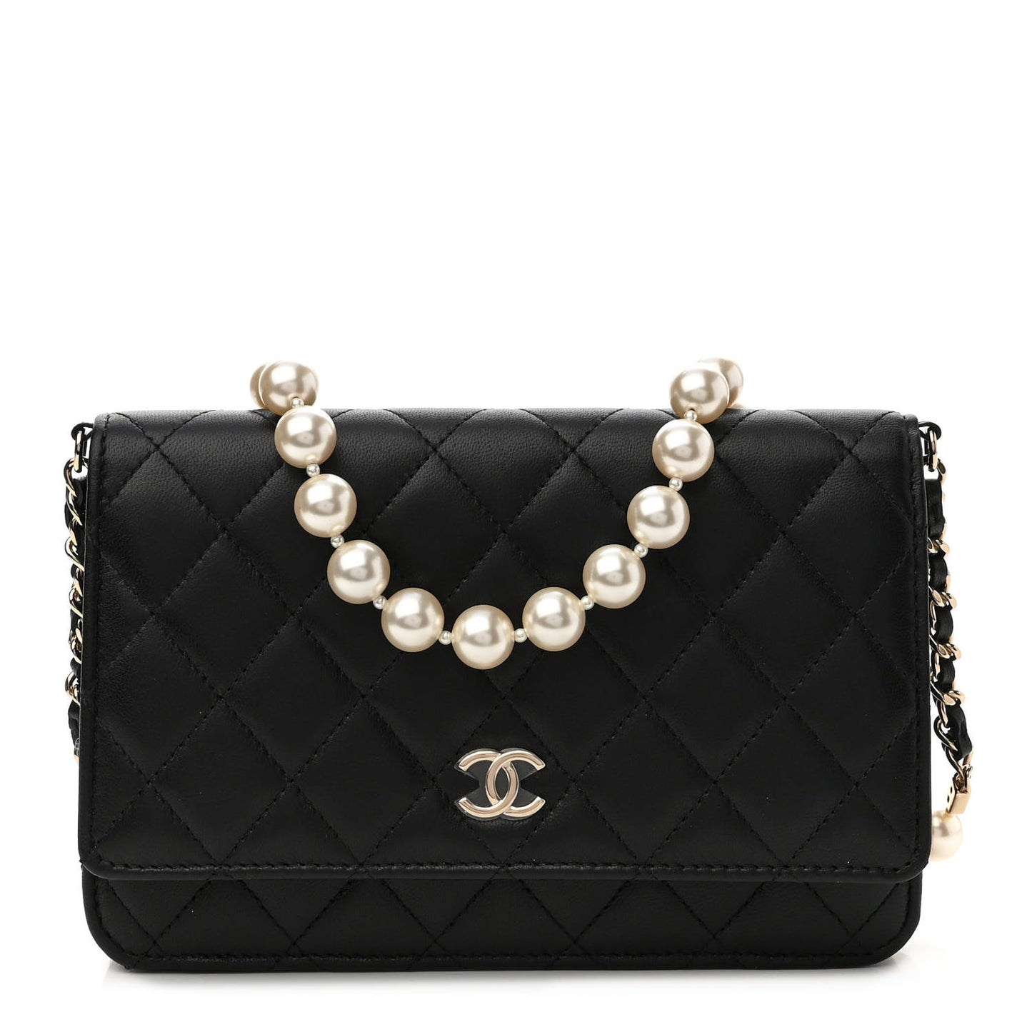 Lambskin Quilted Pearl Wallet On Chain WOC Black
