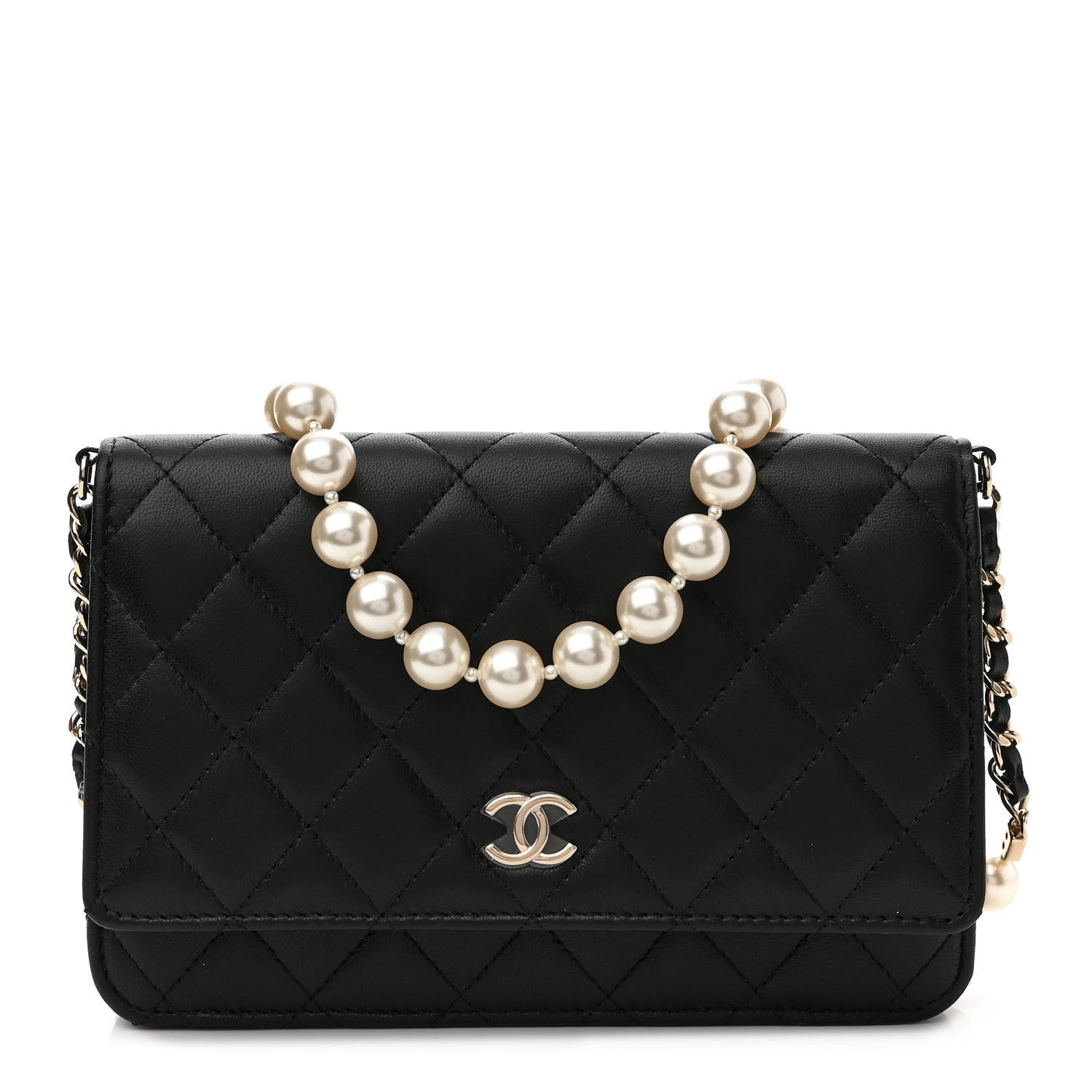 Chanel Lambskin Quilted Pearl Wallet On Chain WOC Black 1 of 12