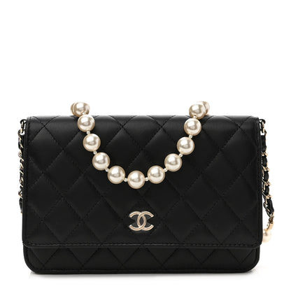 Chanel Lambskin Quilted Pearl Wallet On Chain WOC Black 1 of 12