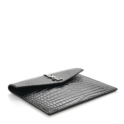 Saint Laurent Calfskin Crocodile Embossed Monogram Uptown Baby Pouch Black 4 of 6