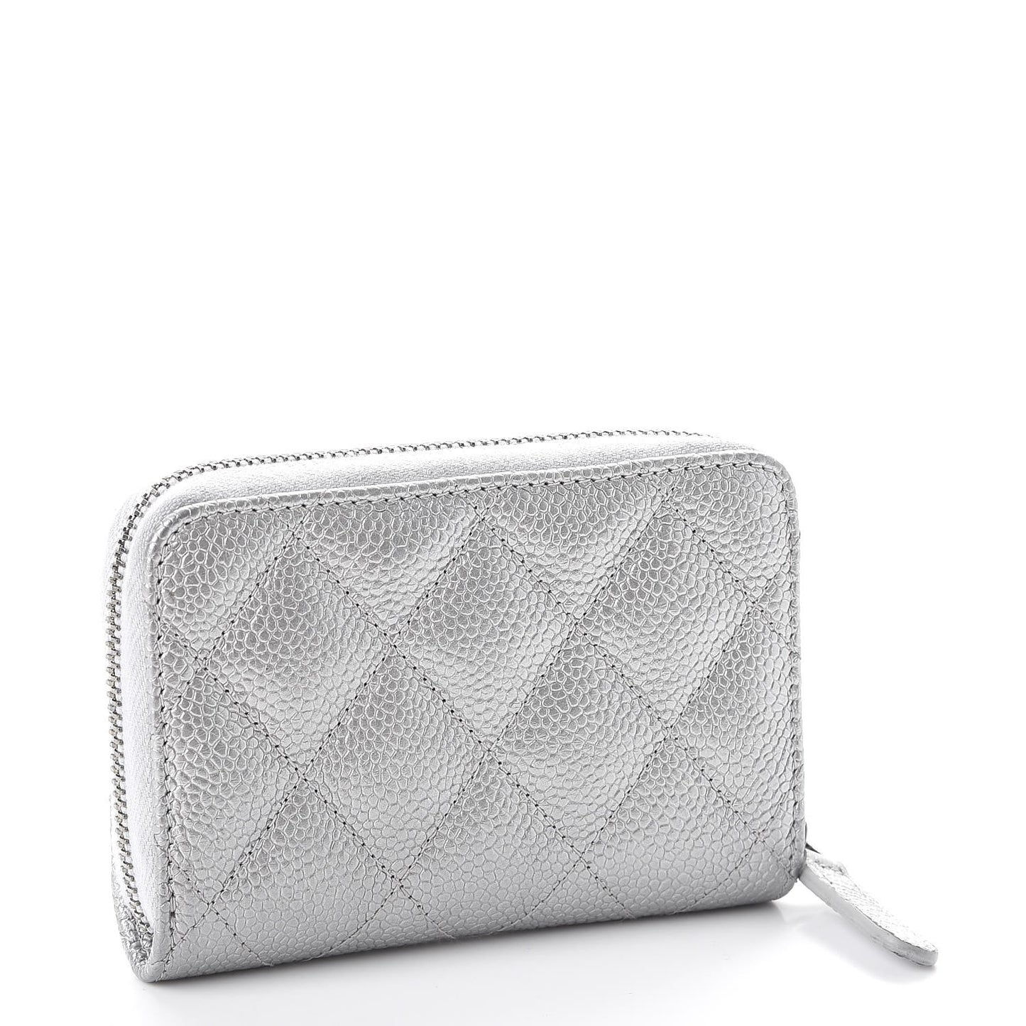 Metallic Caviar Quilted Zip Coin Purse Silver