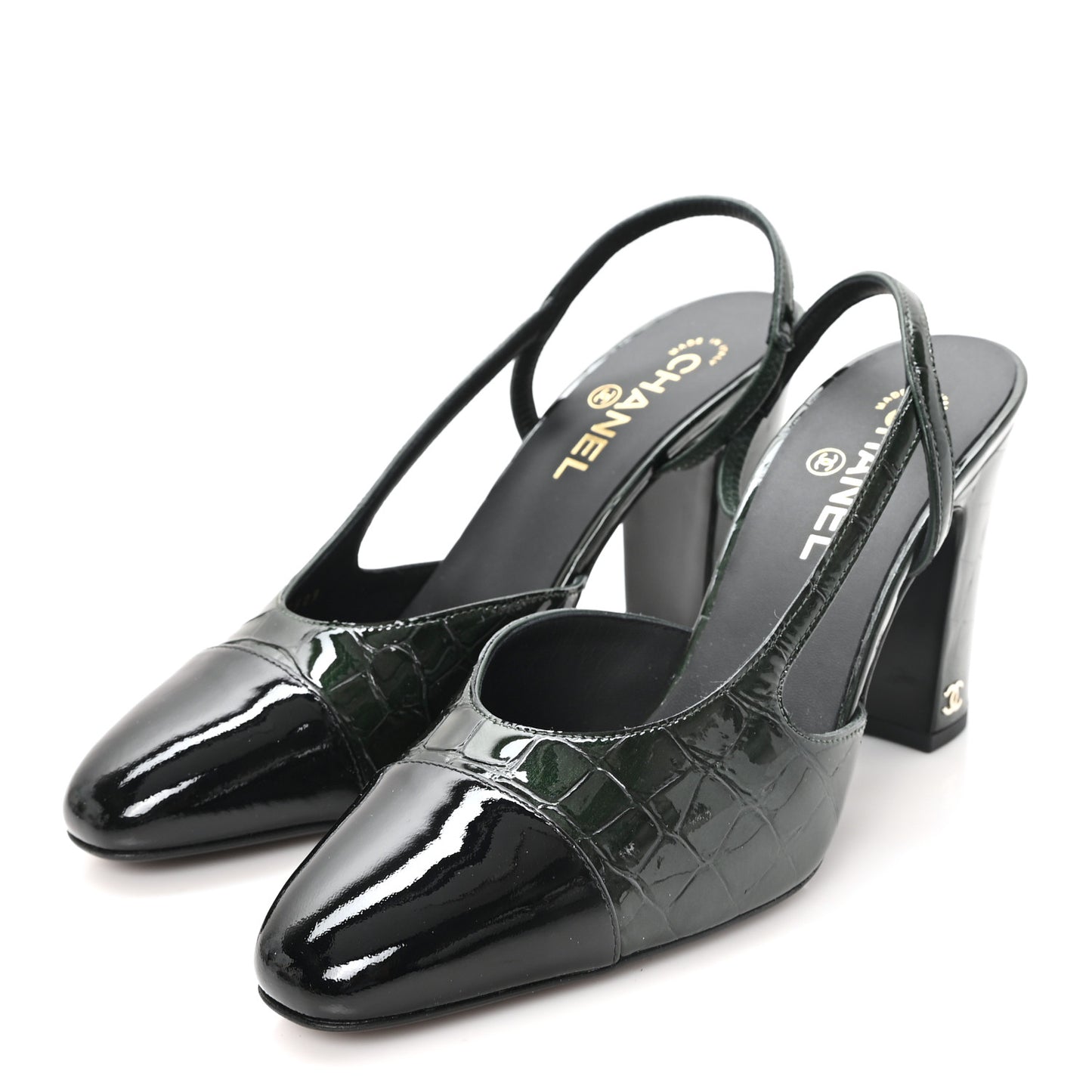 Patent Calfskin Crocodile Embossed Cap Toe CC Slingback 40 Dark Green Black