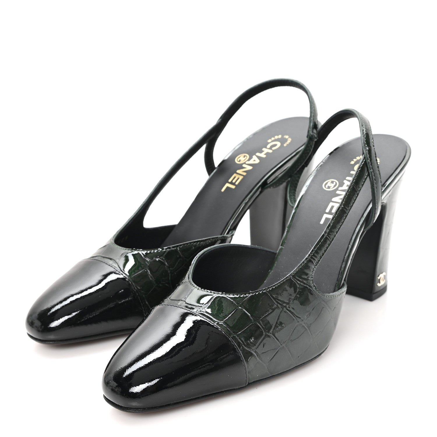 Chanel Patent Calfskin Crocodile Embossed Cap Toe CC Slingback 40 Dark Green Black 4 of 10
