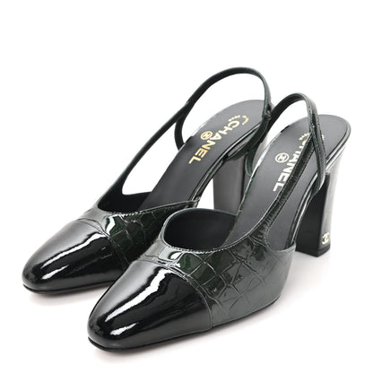 Chanel Patent Calfskin Crocodile Embossed Cap Toe CC Slingback 40 Dark Green Black 4 of 10