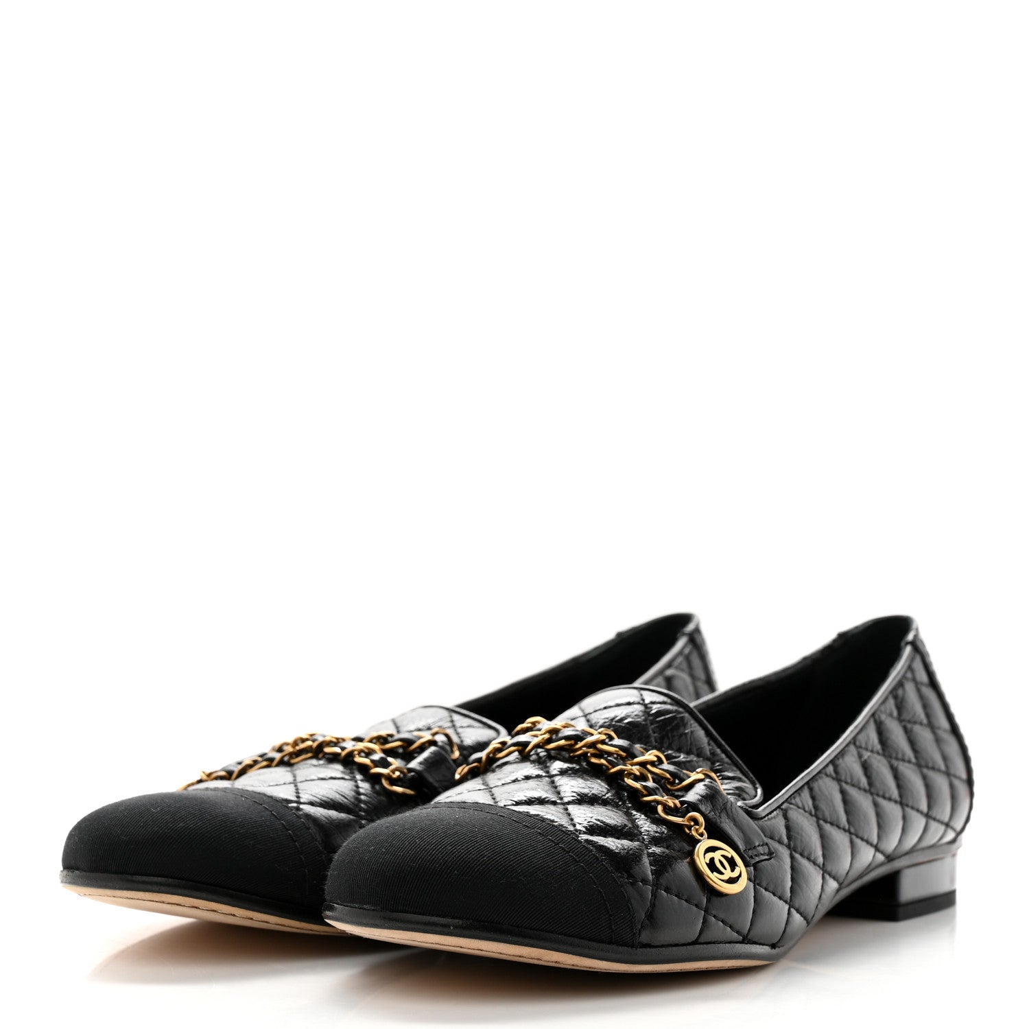 Chanel Grosgrain Glazed Lambskin Quilted Chain Loafers 37 Black 3 of 8