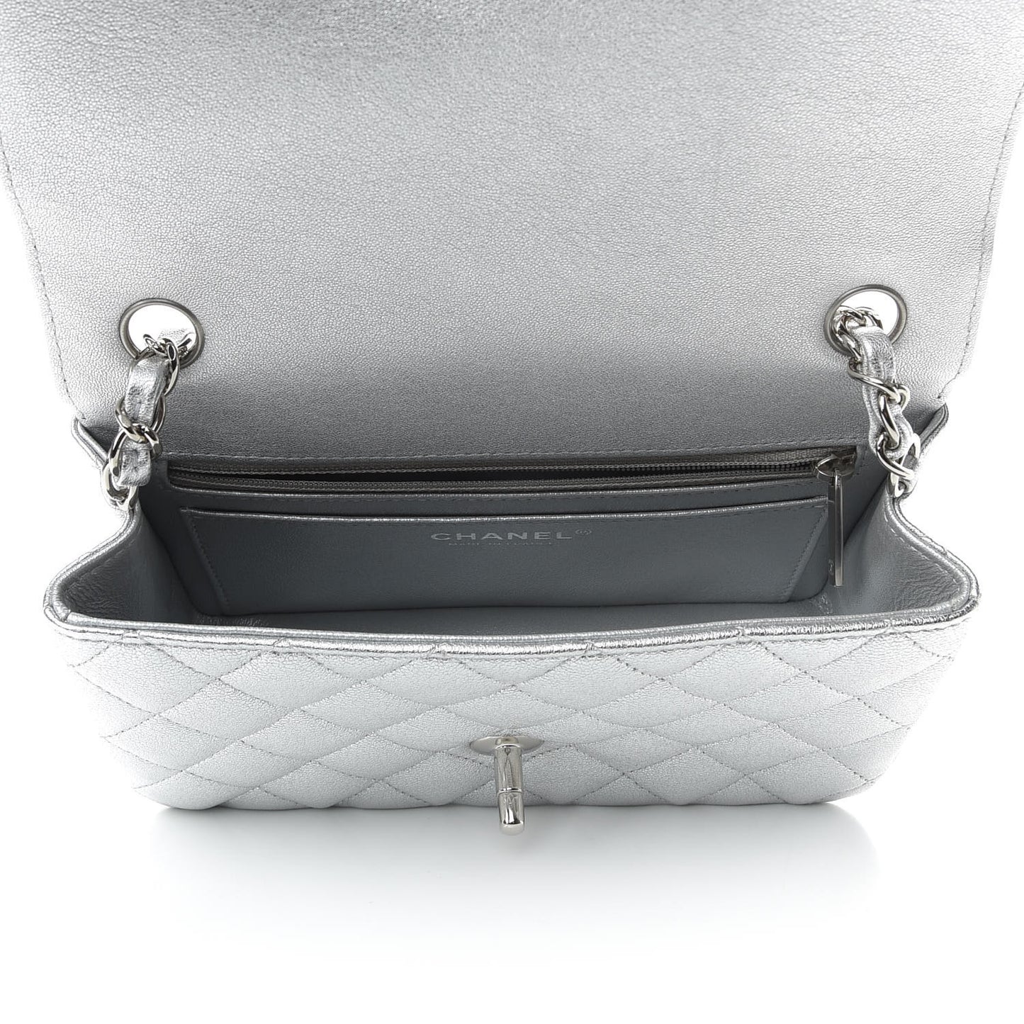 Metallic Lambskin Quilted Mini Rectangular Flap Silver