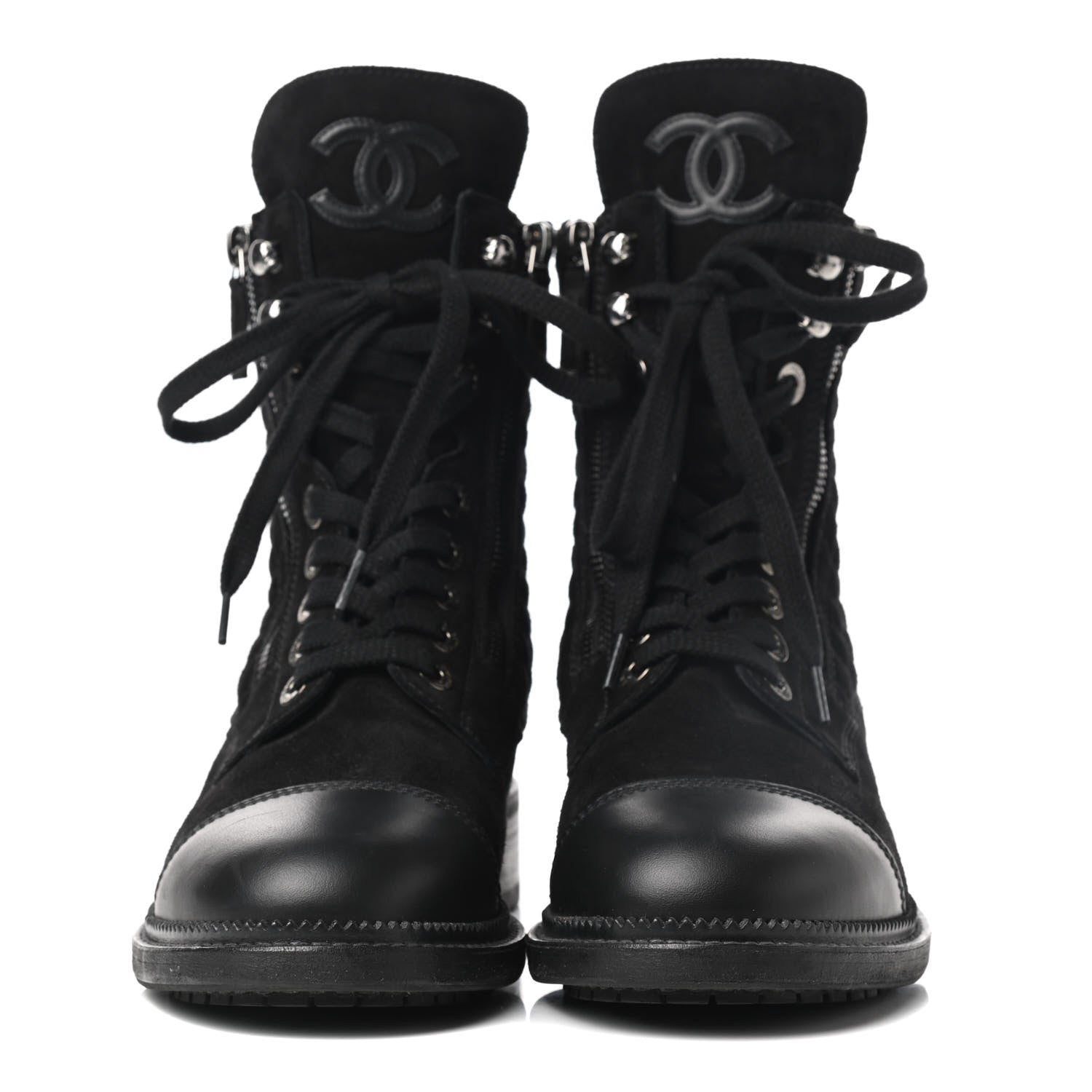 Chanel Suede Quilted CC Lace Up Combat Boots 39 Black 2 of 7