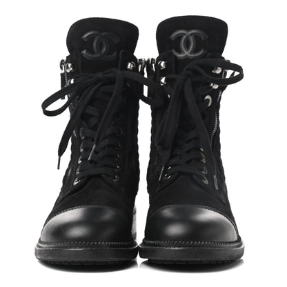 Chanel Suede Quilted CC Lace Up Combat Boots 39 Black 2 of 7