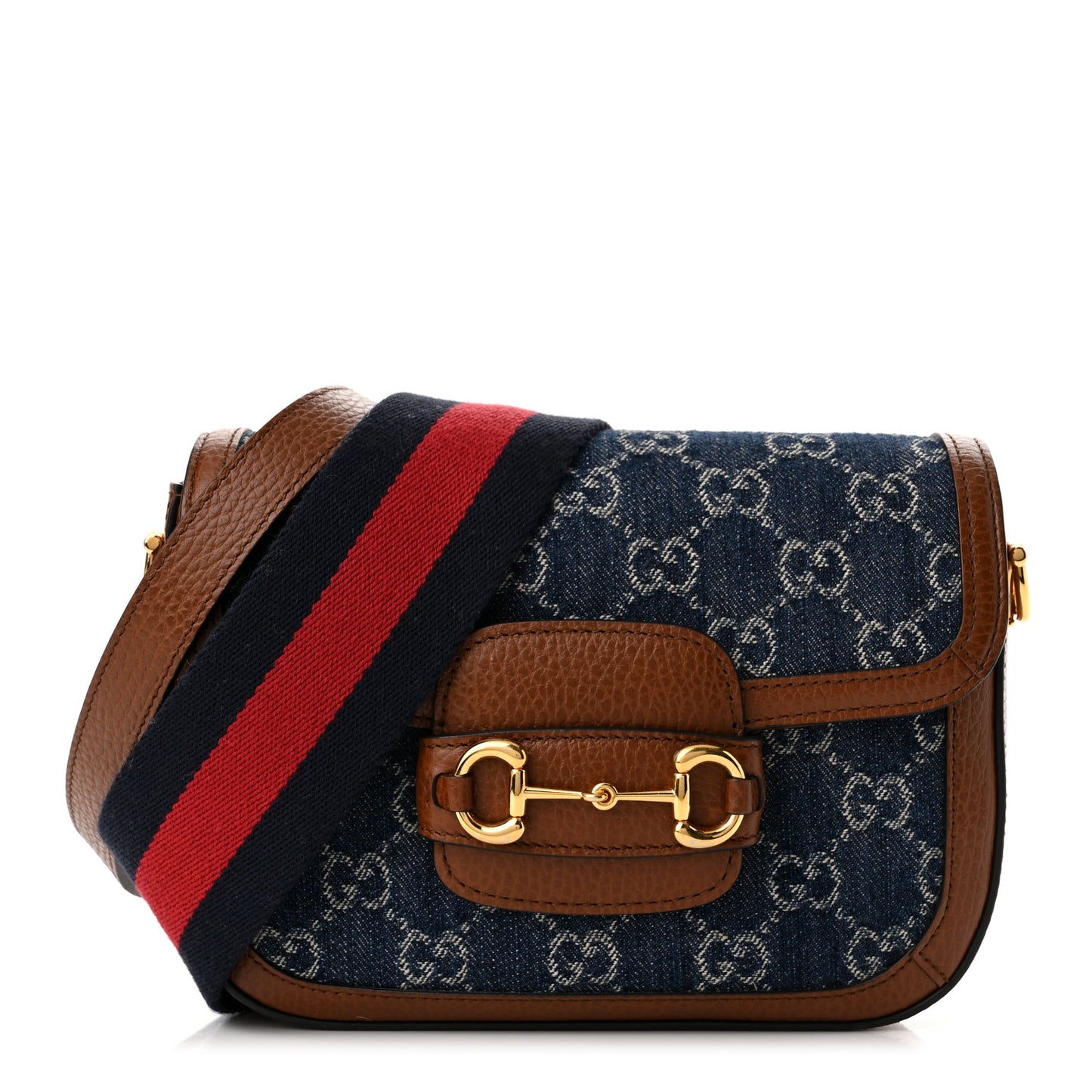 New Denim GG Monogram Dollar Calfskin Web Mini Horsebit 1955 Shoulder Bag Blue Tea Cuir Epilog