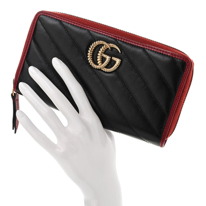 Gucci Vintage Effect Calfskin Matelasse Diagonal Torchon GG Marmont Zip Around Wallet Black Romantic Cherry 2 of 9
