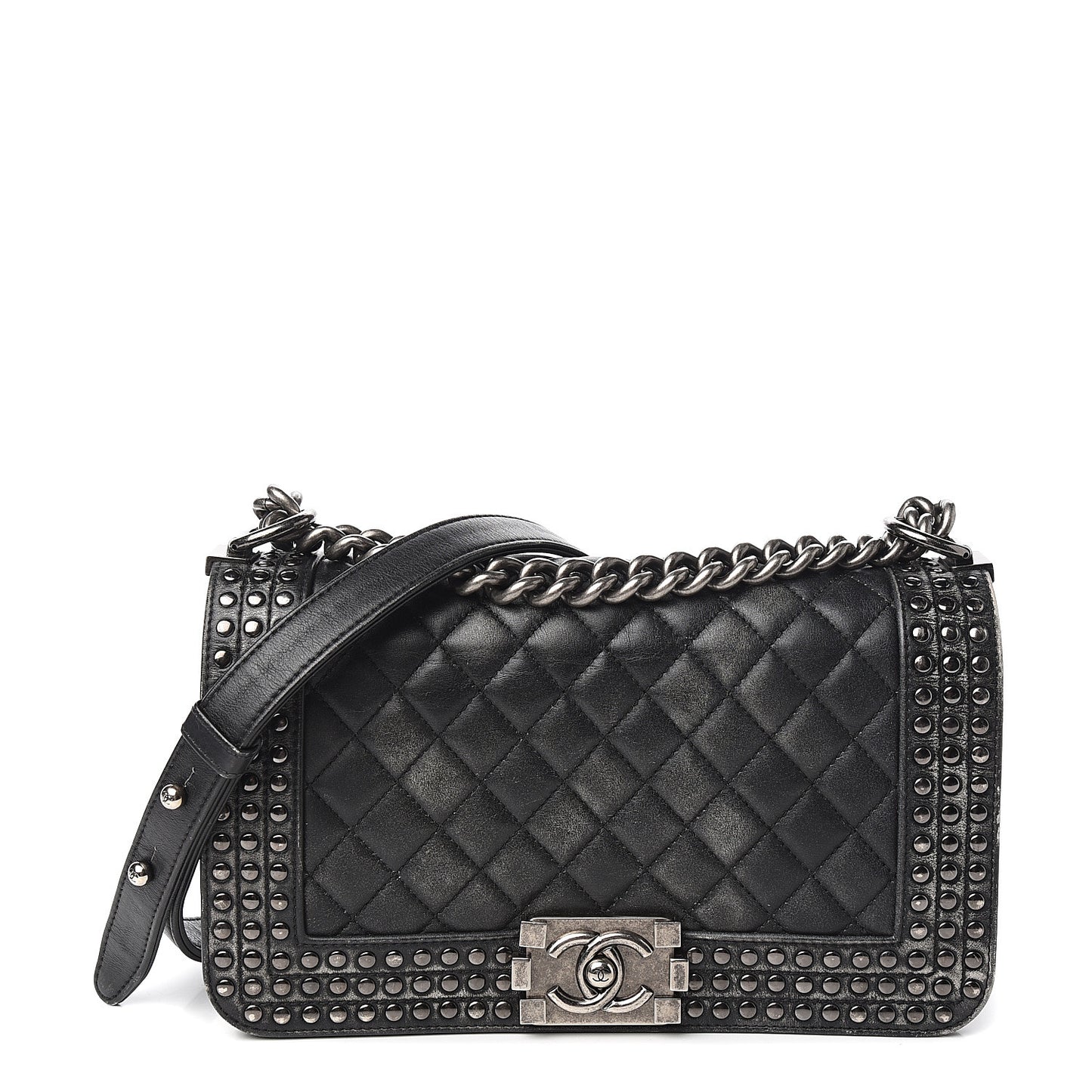 Faded Calfskin Quilted Medium Studded Boy Flap Black