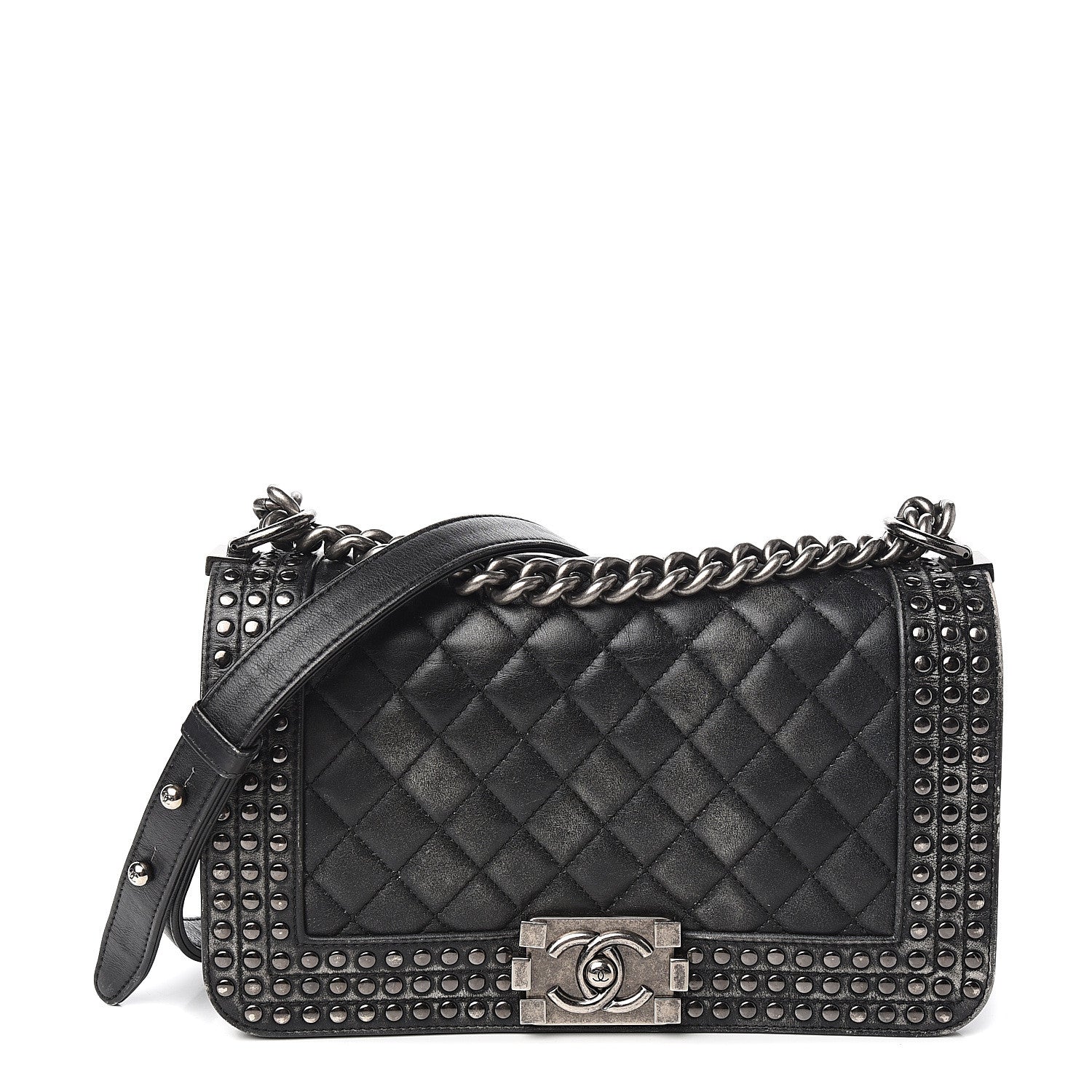 Chanel Faded Calfskin Quilted Medium Studded Boy Flap Black 1 of 10