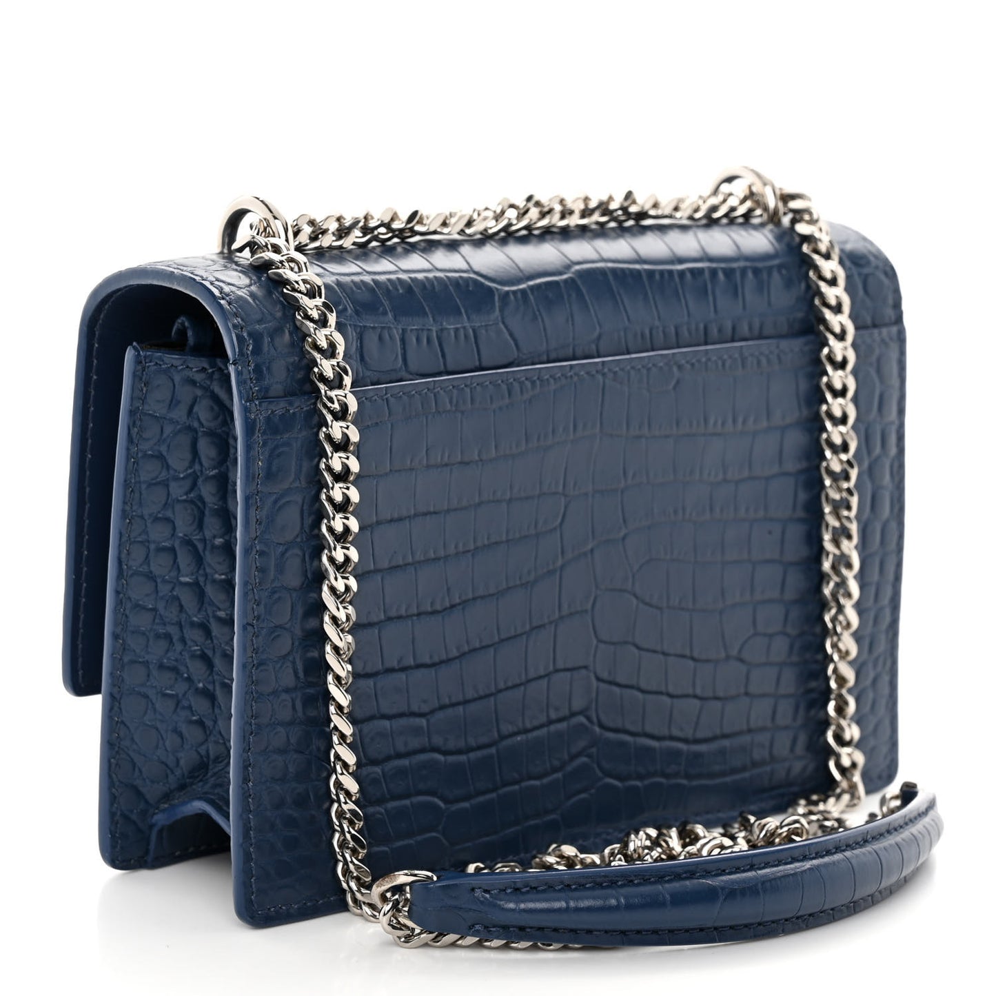 Calfskin Crocodile Embossed Monogram Sunset Chain Wallet Denim