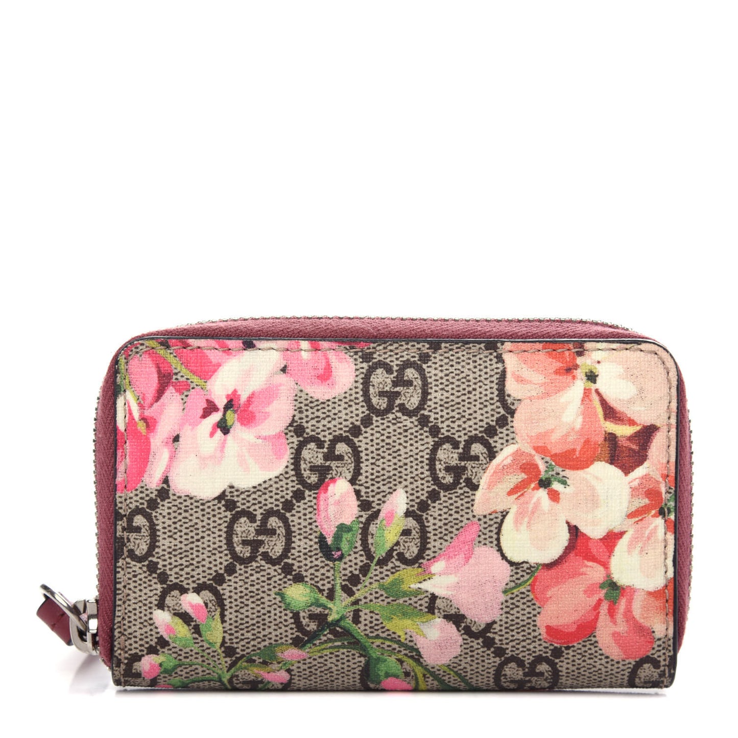 GG Supreme Monogram Blooms Zip Around Card Case Wallet Beige Multicolor Dry Rose