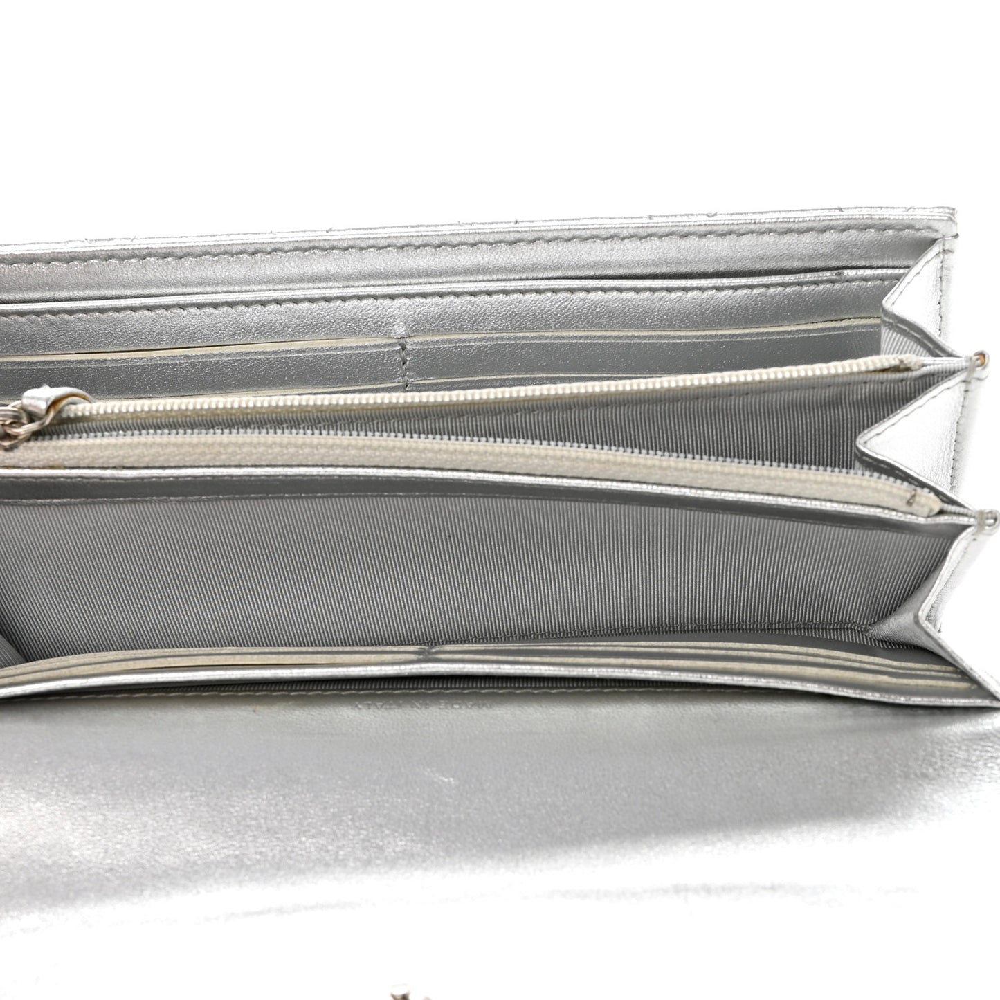 Metallic Lambskin Quilted Long Flap Wallet Silver