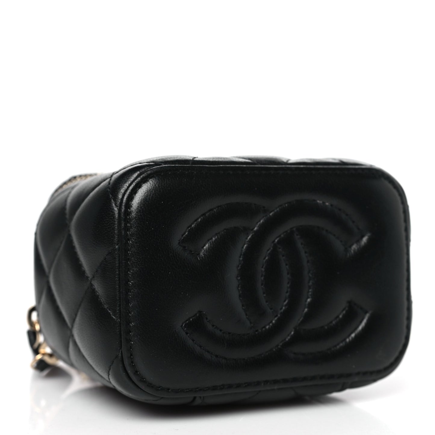 Lambskin Quilted Mini Pearl Crush Vanity Case With Chain Black
