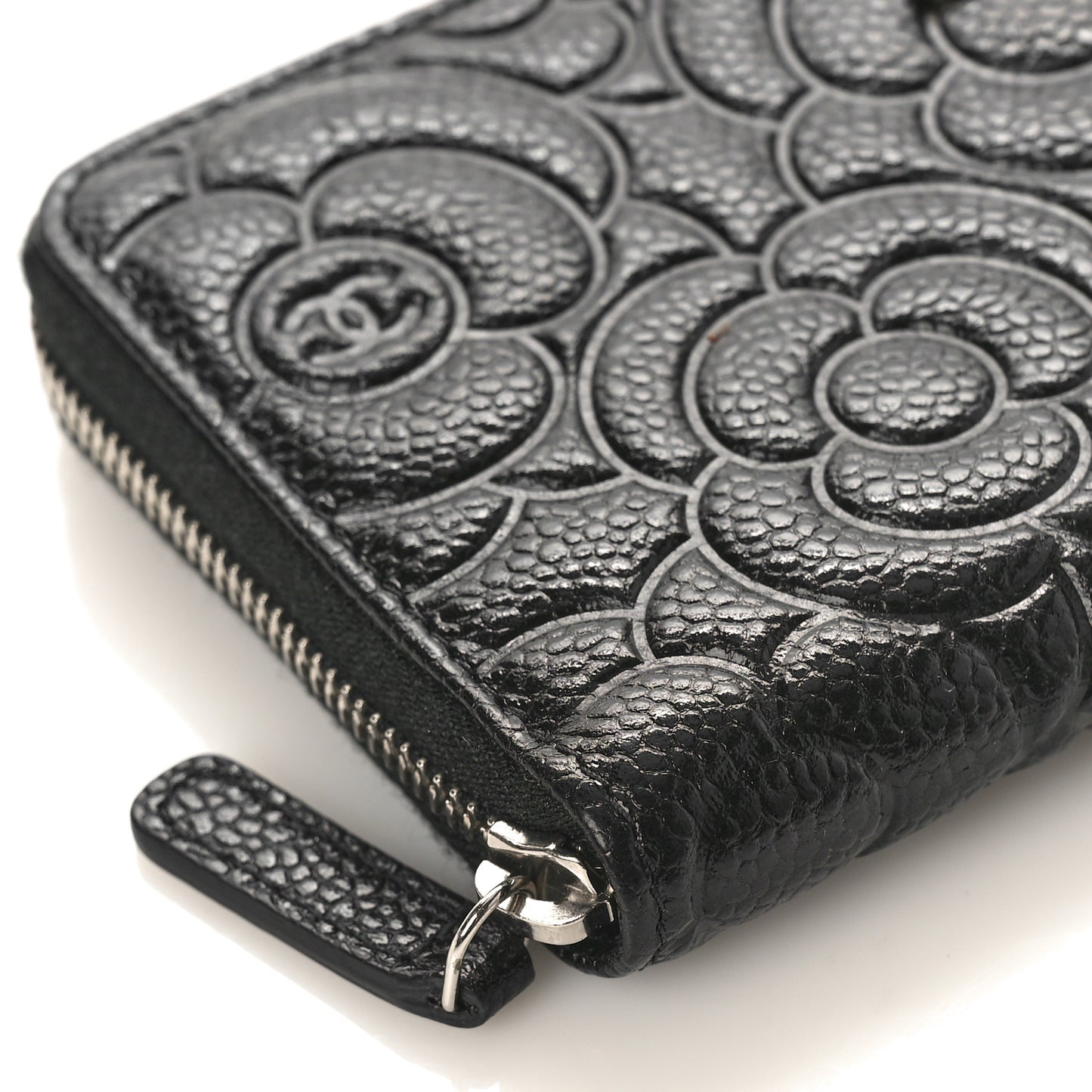 Caviar Camellia Embossed Large Zip Around Gusset Wallet Black