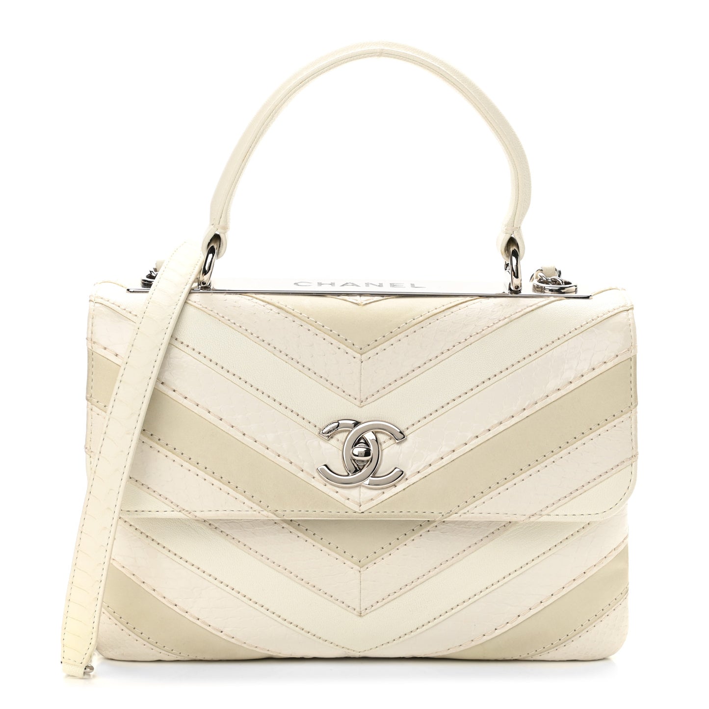 Calfskin Sheepskin Watersnake Chevron Quilted CC Small Trendy CC Dual Handle Flap Bag White