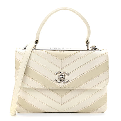 Chanel Calfskin Sheepskin Watersnake Chevron Quilted CC Small Trendy CC Dual Handle Flap Bag White 1 of 10