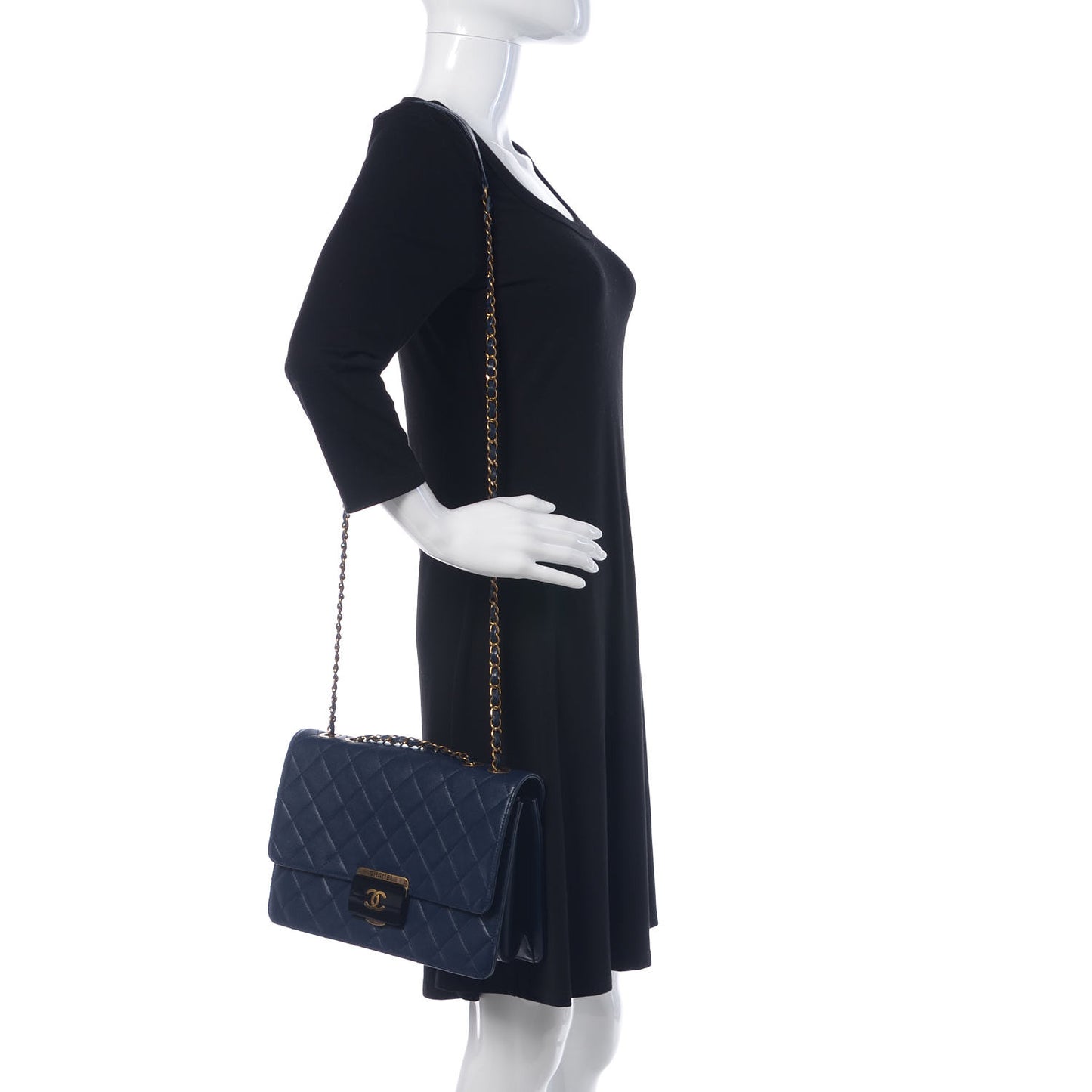 Sheepskin Quilted Large Beauty Lock Flap Navy Blue