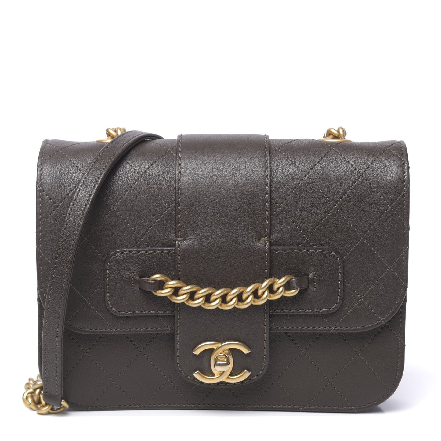 Sheepskin Stitched Chain Flap Bag Brown