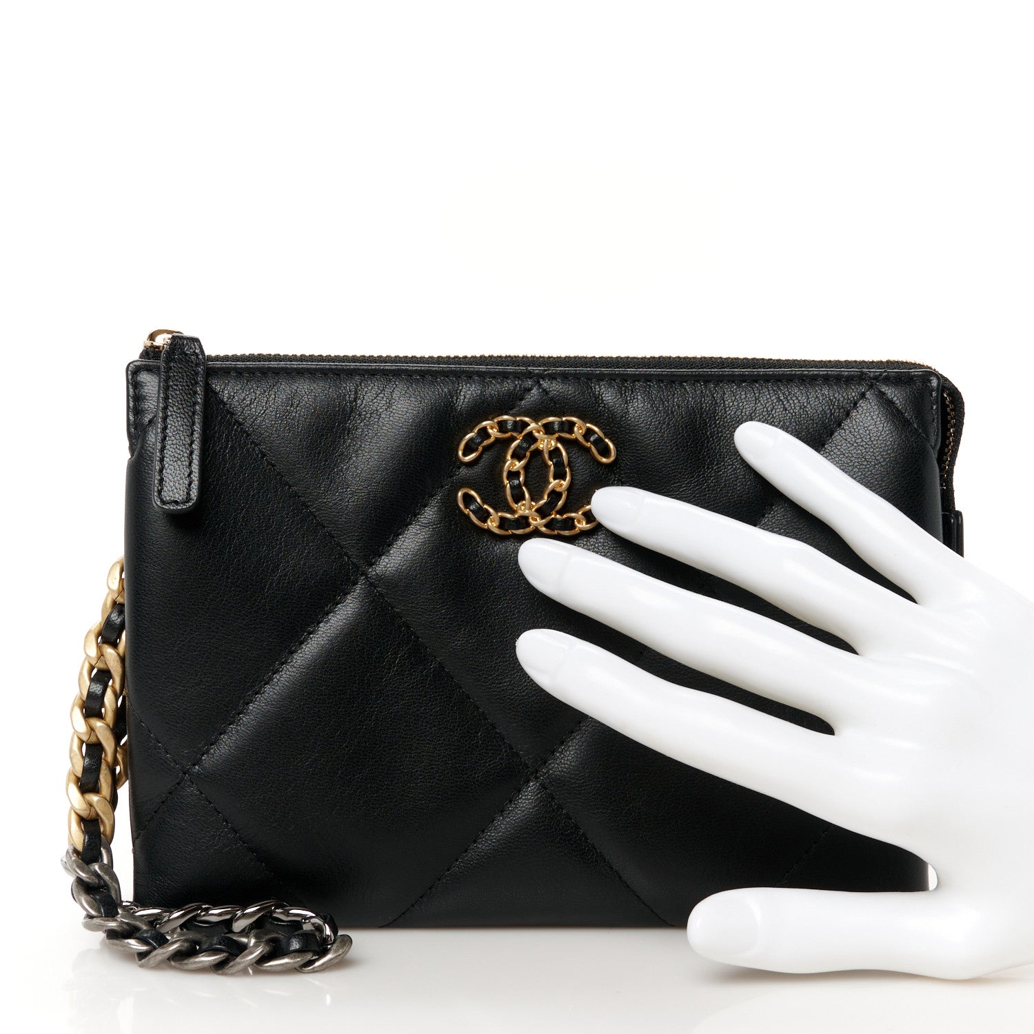 Chanel Shiny Goatskin Quilted Small Chanel 19 Pouch With Handle Black 2 of 11