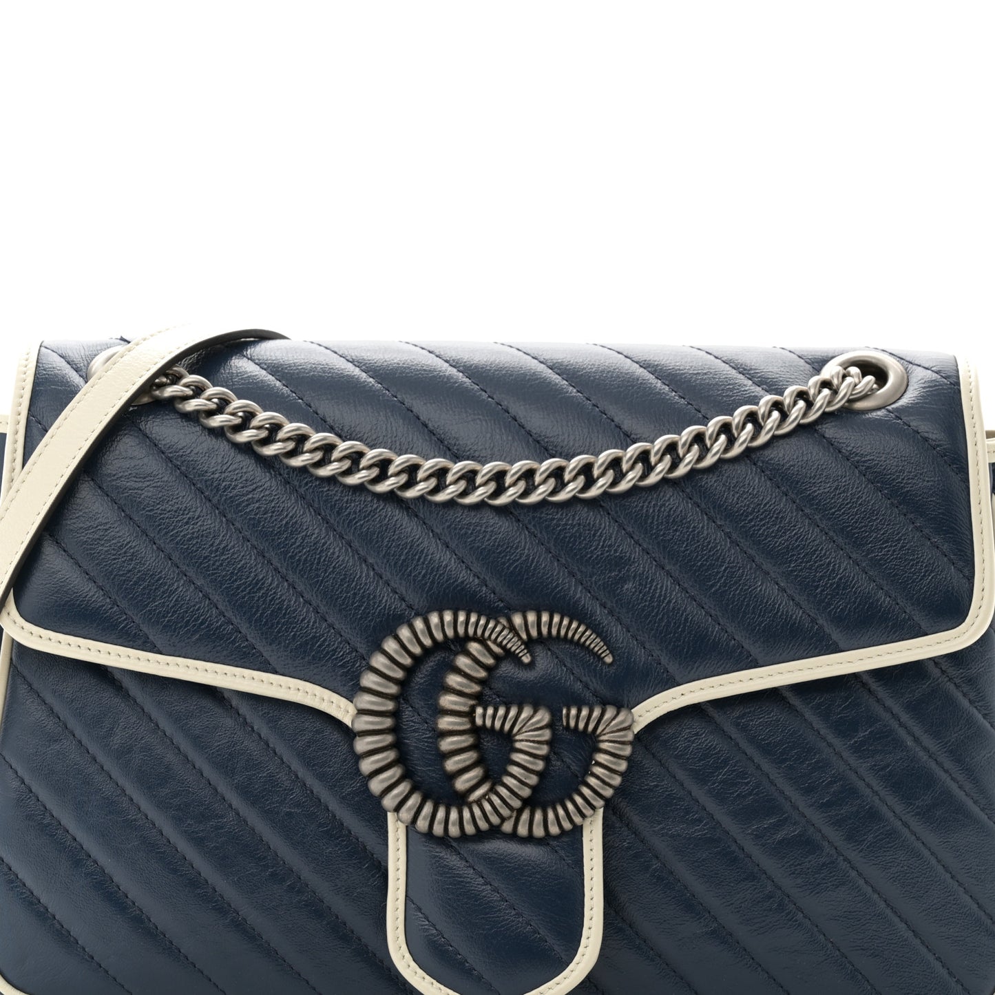 Vintage Effect Calfskin Matelasse Diagonal Medium Torchon GG Marmont Shoulder Bag Blue Agata Mystic White