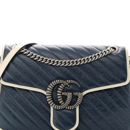 Gucci Vintage Effect Calfskin Matelasse Diagonal Medium Torchon GG Marmont Shoulder Bag Blue Agata Mystic White 8 of 10