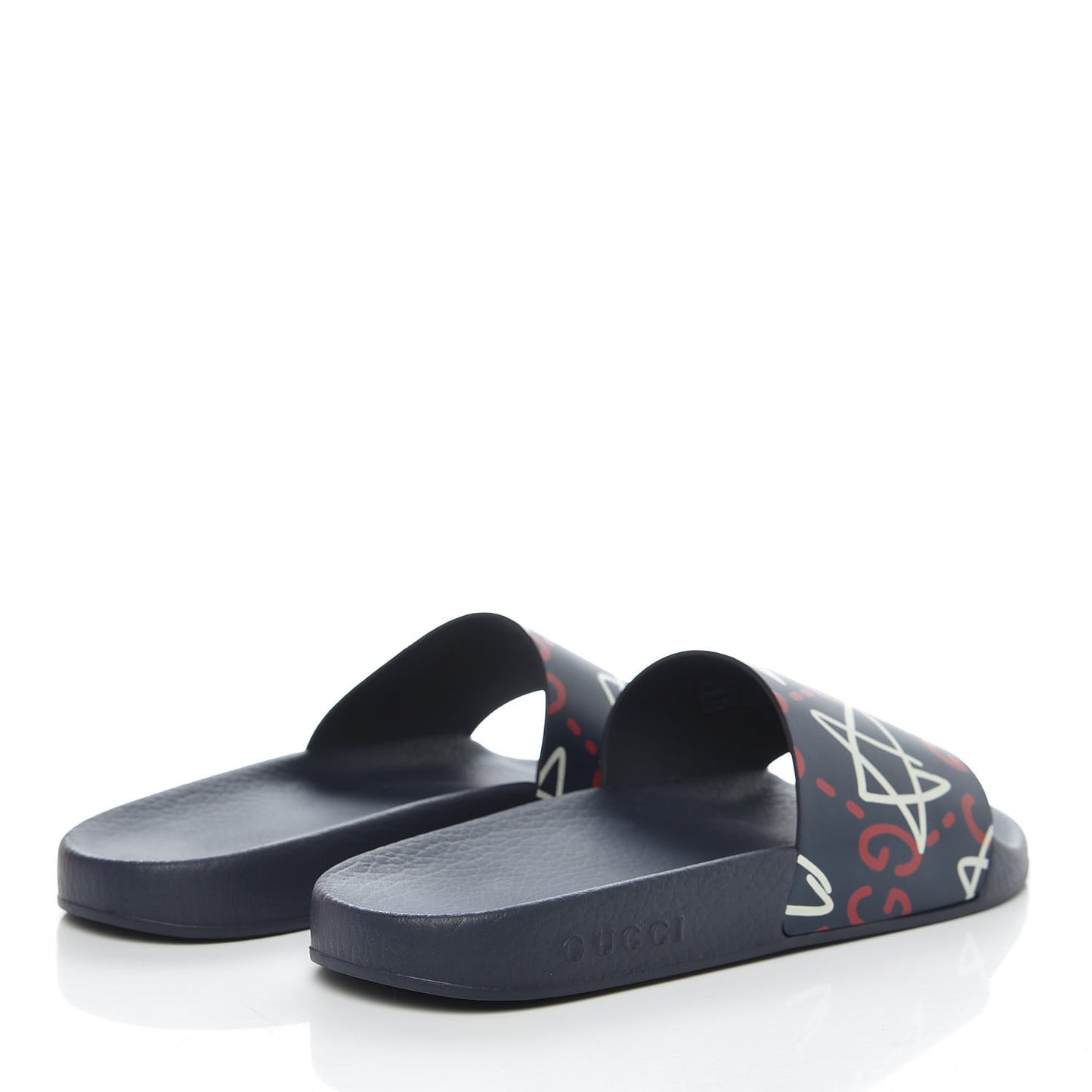 Calfskin GucciGhost Print Womens Slide Sandals 39 Blue Agata Hibiscus Red