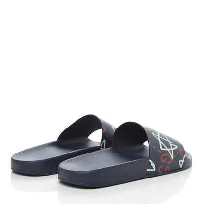 Gucci Calfskin GucciGhost Print Womens Slide Sandals 39 Blue Agata Hibiscus Red 4 of 8