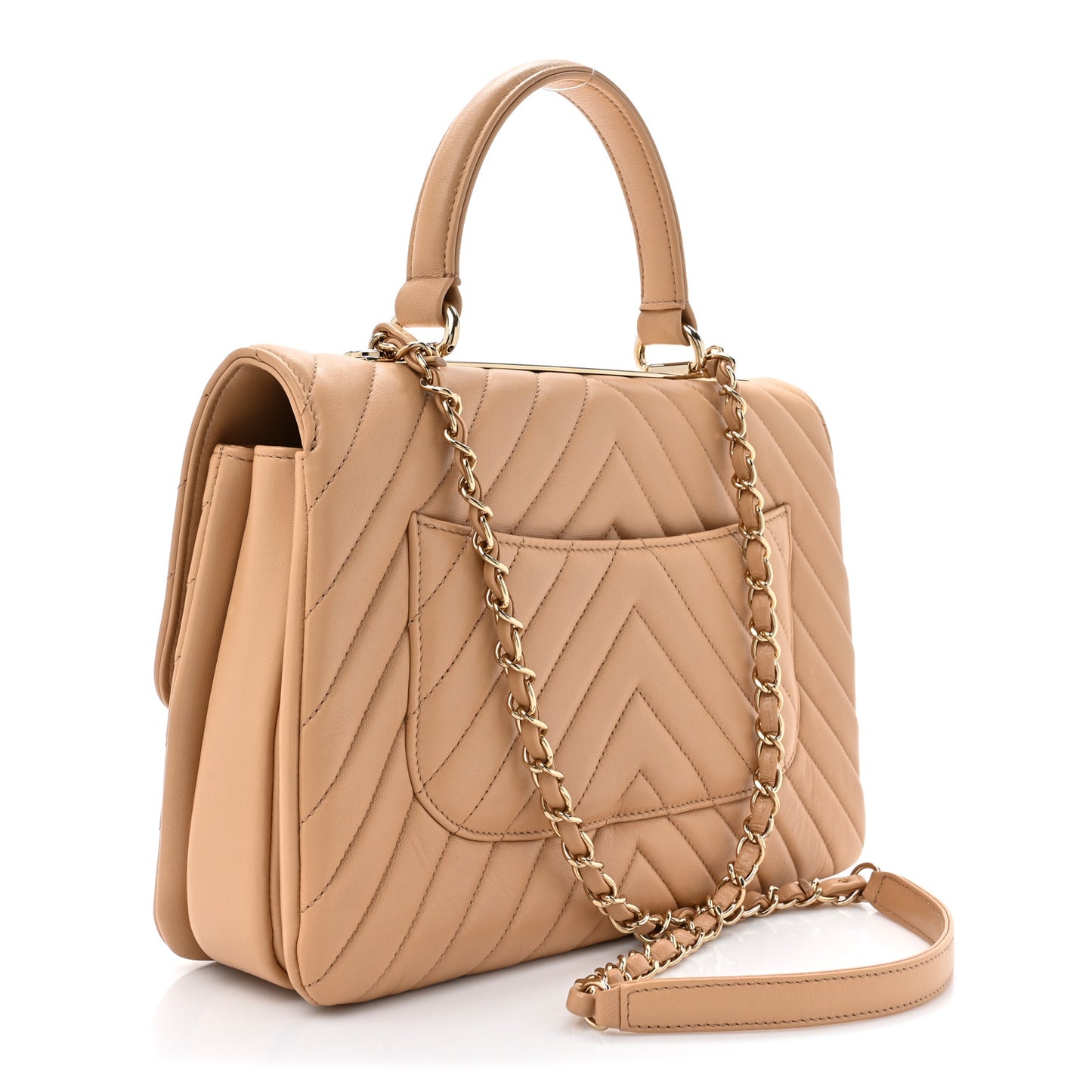 Lambskin Chevron Quilted Medium Trendy CC Dual Handle Flap Bag Beige