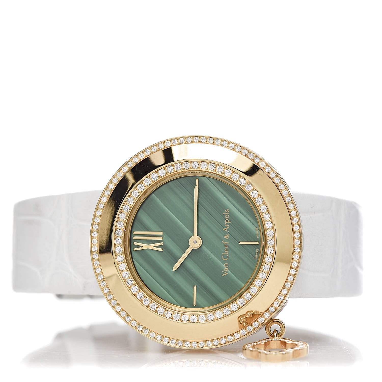 Van Cleef & Arpels 18K Yellow Gold Alligator Diamond Bezel Malachite 32mm Charms Quartz Watch 3 of 9
