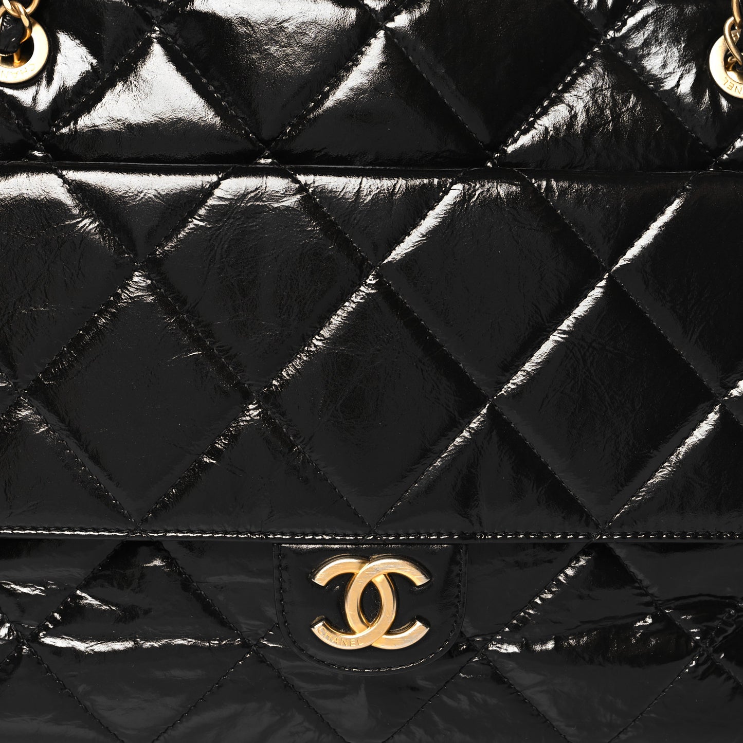 Shiny Crumpled Calfskin Quilted Maxi Bowling Bag Black