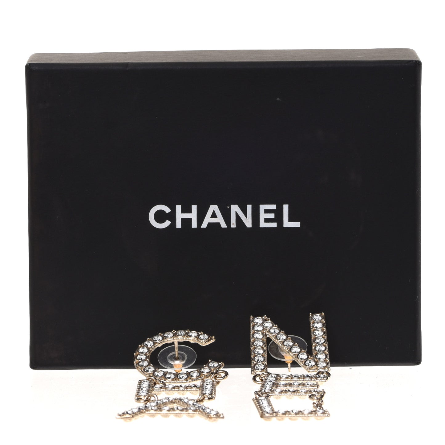 Crystal Cha-Nel Logo Drop Earrings Gold