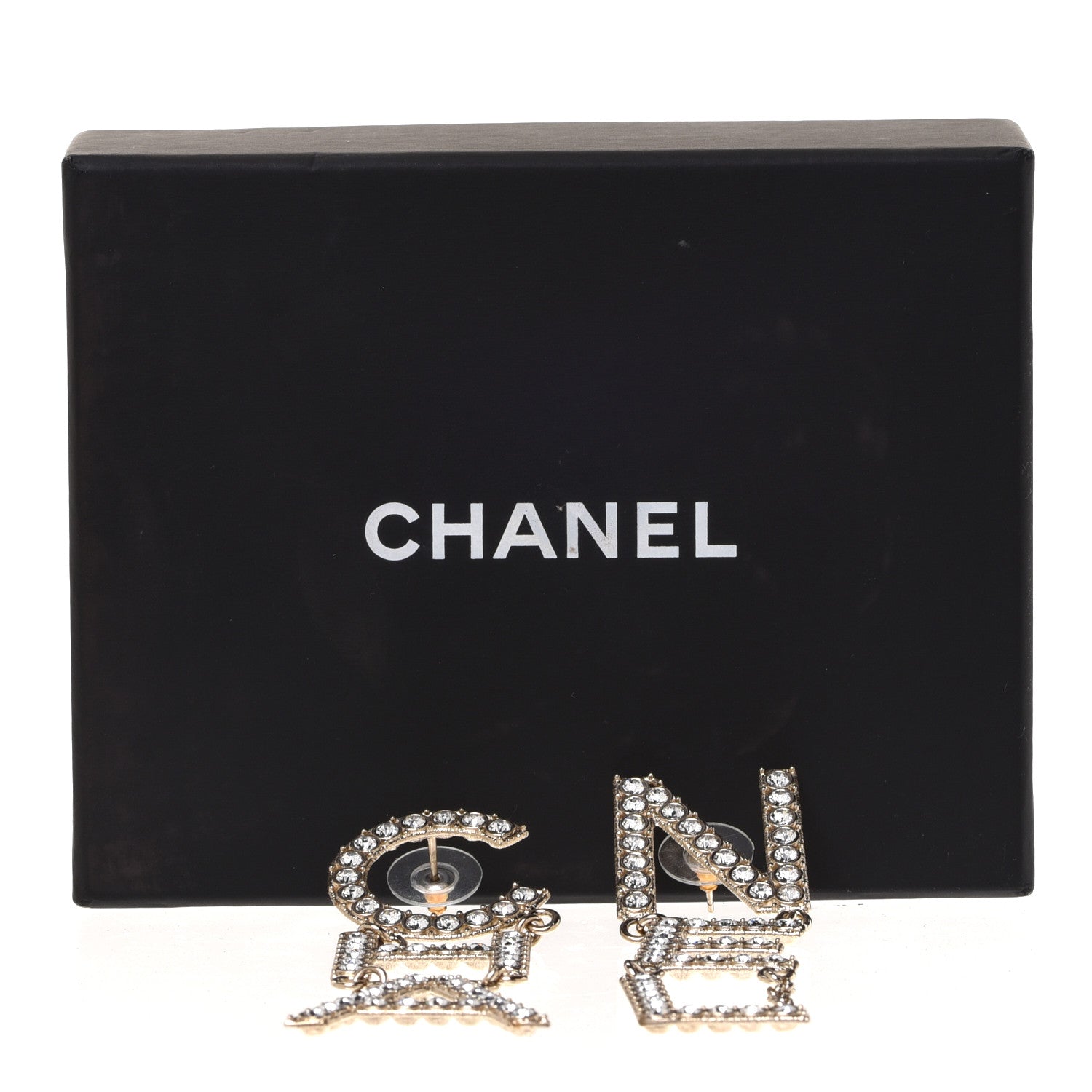 Chanel Crystal Cha-Nel Logo Drop Earrings Gold 5 of 5