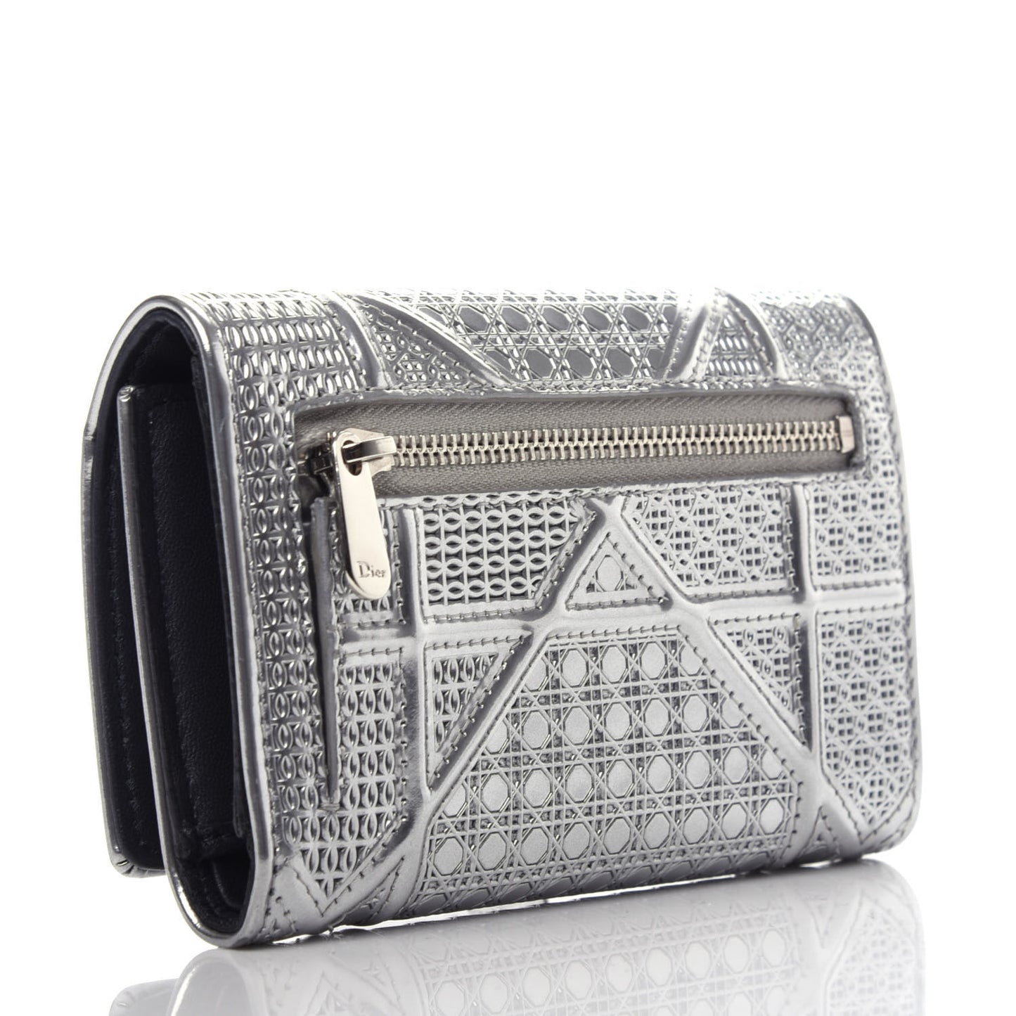 Metallic Patent Micro-Cannage Diorama Elancee Wallet Onyx Silver