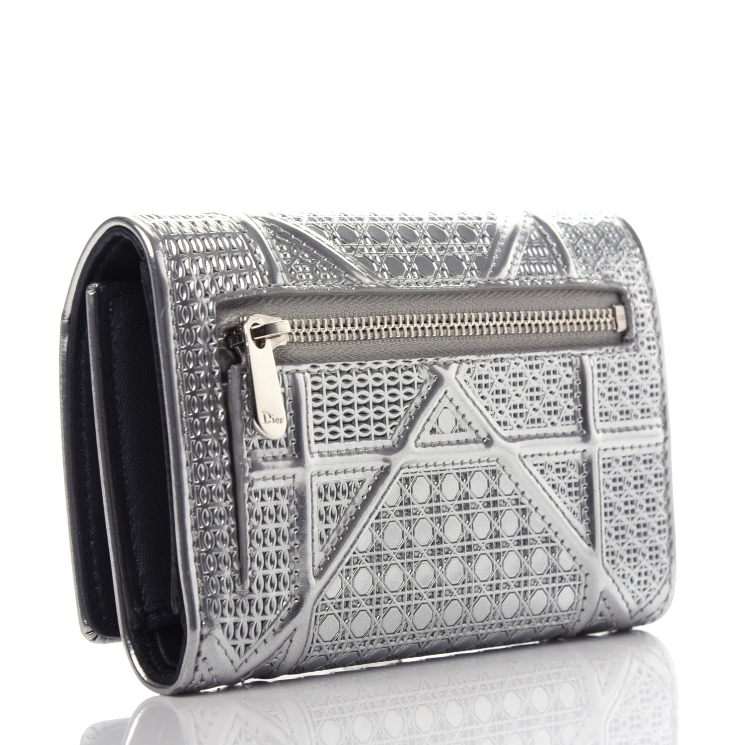 Christian Dior Metallic Patent Micro-Cannage Diorama Elancee Wallet Onyx Silver 3 of 8