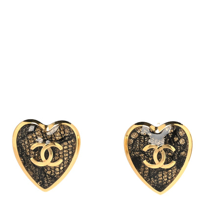Chanel Metal Lace Resin Glass CC Heart Earrings Gold Black 1 of 10