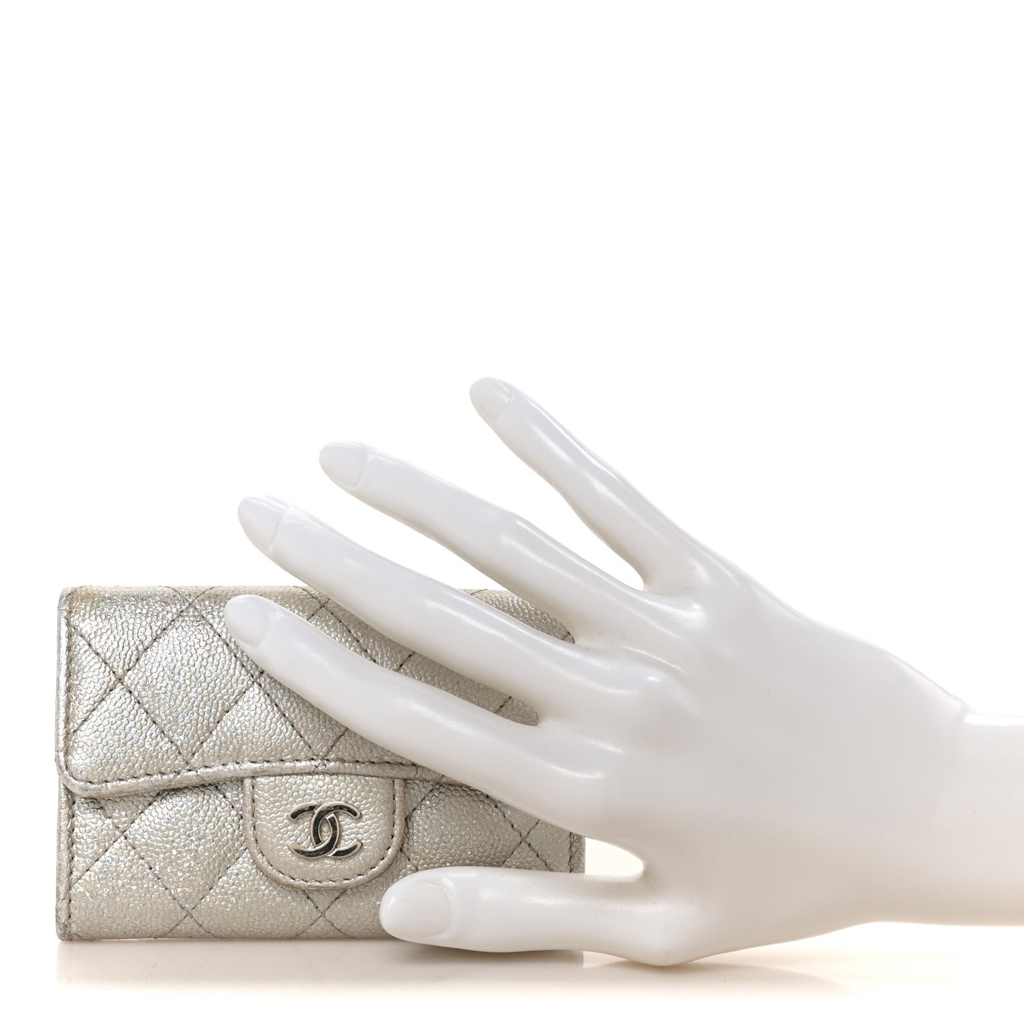 Glittered Metallic Caviar Quilted Flap Card Holder Wallet Silver