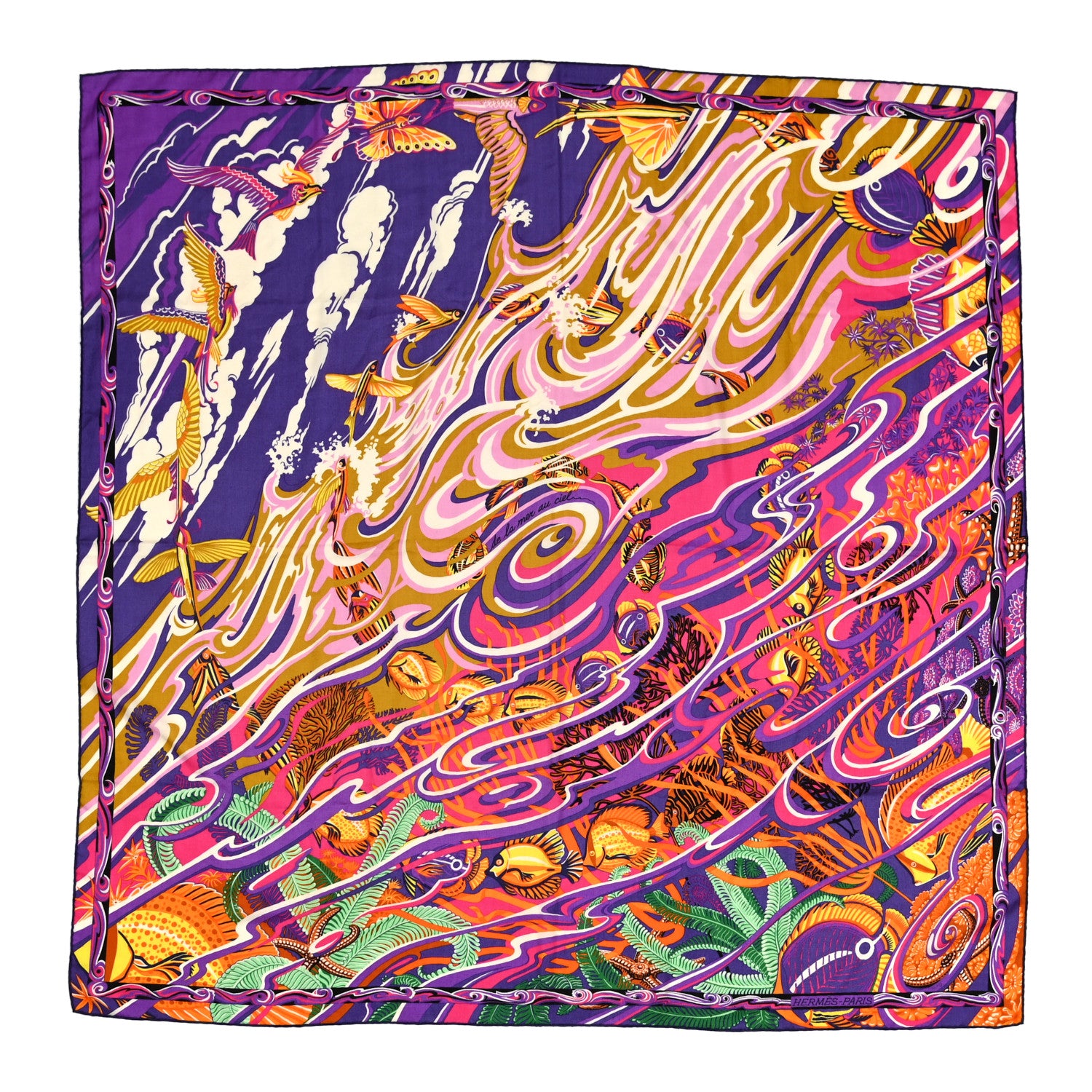 Hermes Cashmere Silk De La Mer Au Ciel Shawl 140 Violet Orange Vert 1 of 6