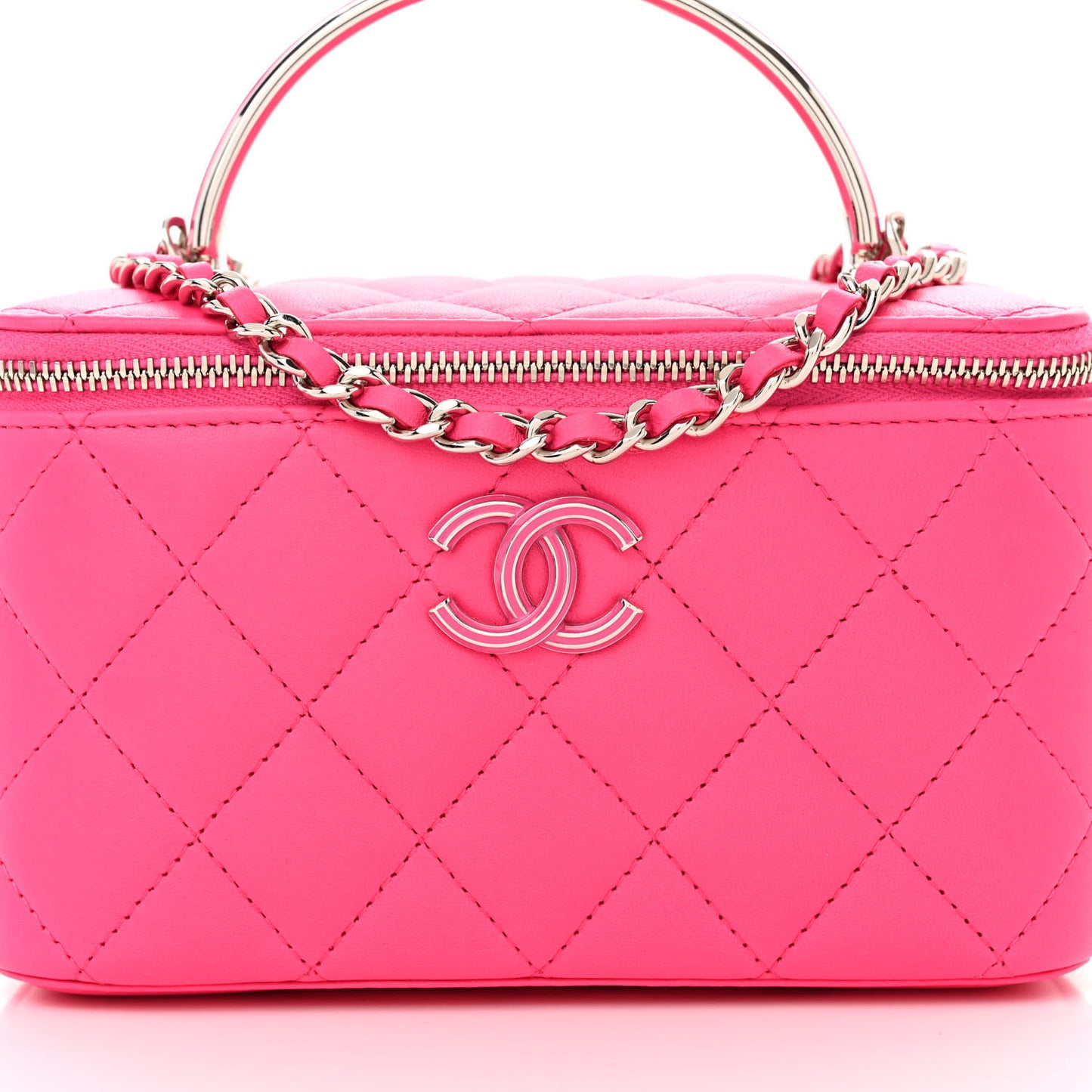 Lambskin Enamel Quilted Top Handle Clutch With Chain Fuchsia