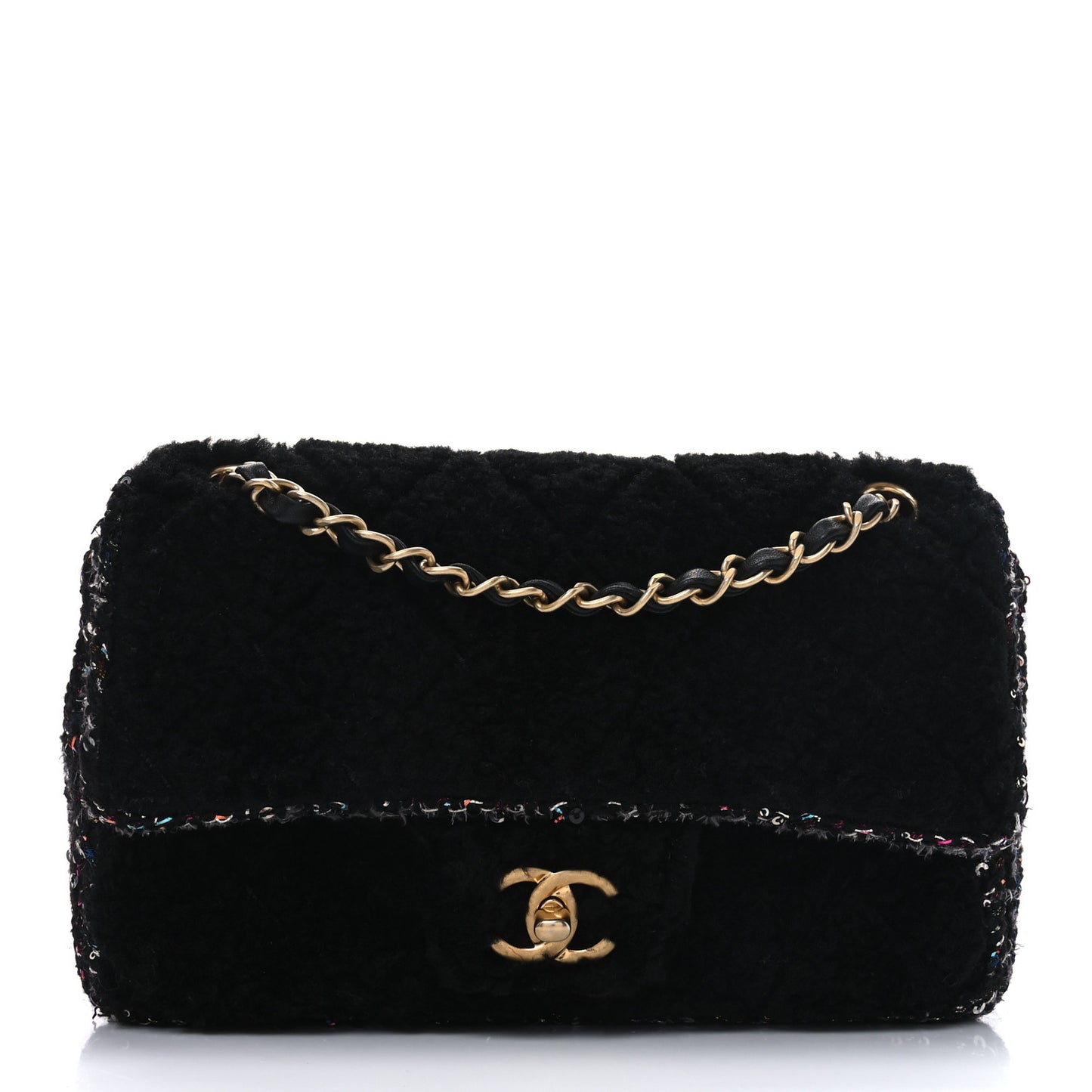 Shearling Sequin Tweed Quilted Single Flap Black