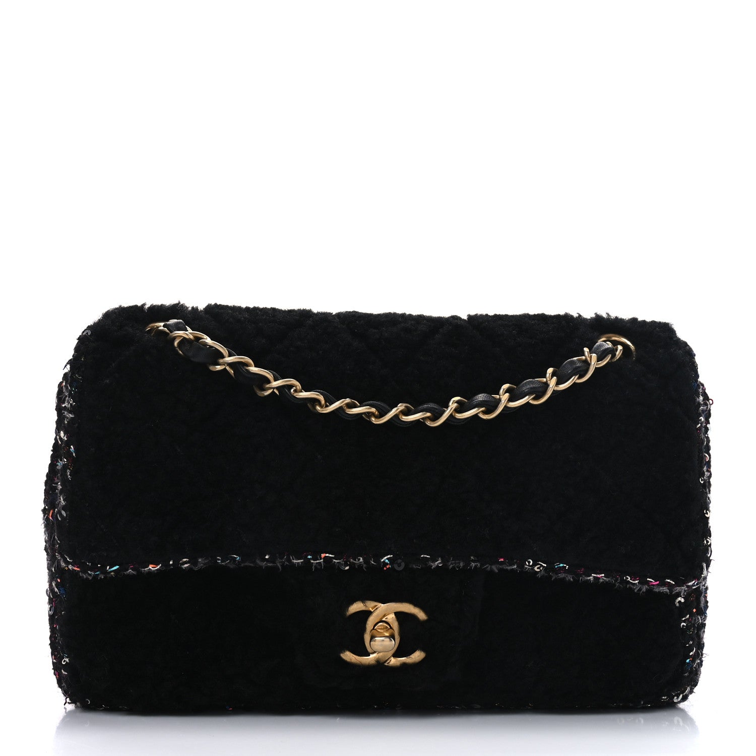 Chanel Shearling Sequin Tweed Quilted Single Flap Black 8 of 10