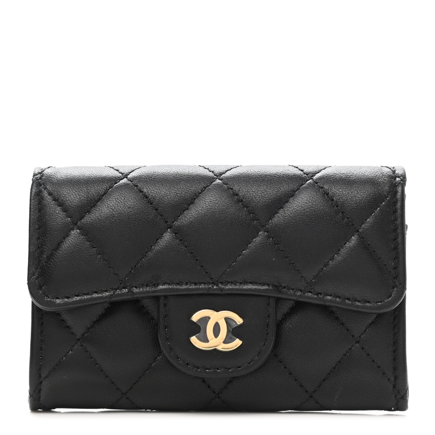 Lambskin Quilted Flap Card Holder Wallet Black